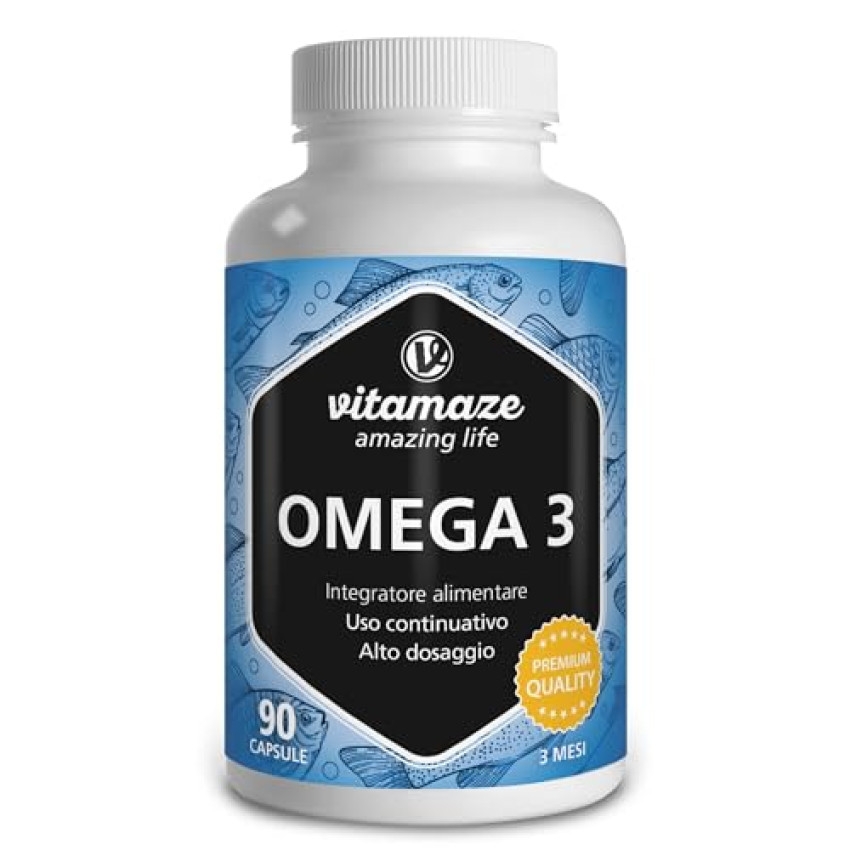 Vitamaze Omega 3 1000mg per 1 Capsula (per 3 Mesi) Alto Dosaggio, Puro Olio di Pesce con 400 mg (40) EPA e 300 mg (30) DHA per Capsule, FOS Certificato, Fish Oil, Qualità Tedesca.