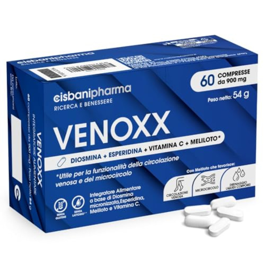 CISBANI PHARMA Venoxx – Integratore a base di Diosmina, Esperidina e Meliloto per la Circolazione Venosa, Ideale per Gambe Gonfie – con Vitamina C – Alto dosaggio – 60 Compresse
