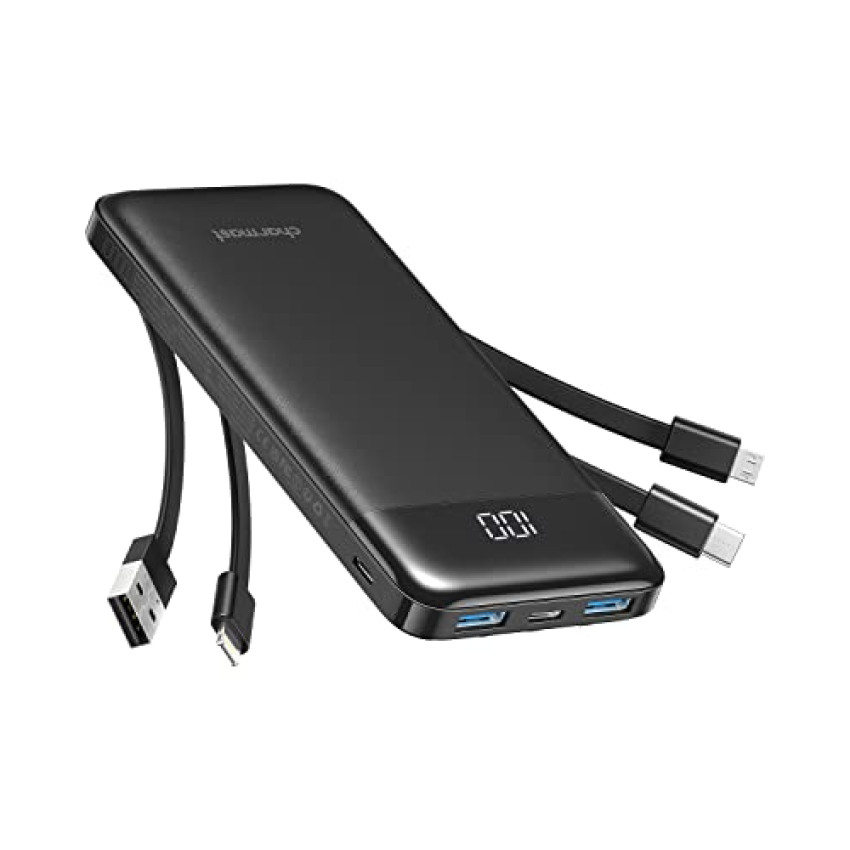 Charmast Power Bank 10000mAh con Cavi Integrati,Caricatore Portatile USB C 5V/3A Powerbank LED Display con 6 Uscite e 3 ingressi per iPhone Huawei Xiaomi