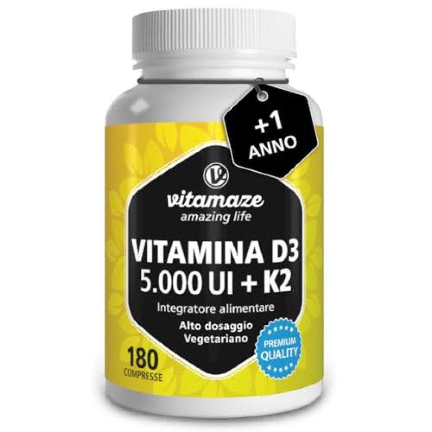Vitamaze Vitamina D3 K2 (+1 Anno) di Alto Dosaggio Vitamina D3 + 20 mcg Vitamina K2 al Giorno, 180 Piccole Compresse Vegetariane, Elevata Biodisponibilità, Qualitá Tedesca