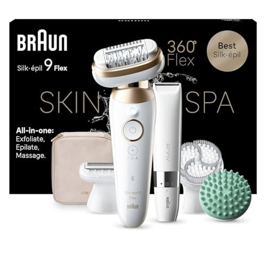 Braun Silk-épil 9 Flex SkinSpa Epilatore Elettrico Donna Con Testina Flessibile A 360 Per Una Epilazione Semplice, Wet & Dry, Pelle Liscia A Lungo, Idea Regalo, 9-481 3D Bianco/Oro
