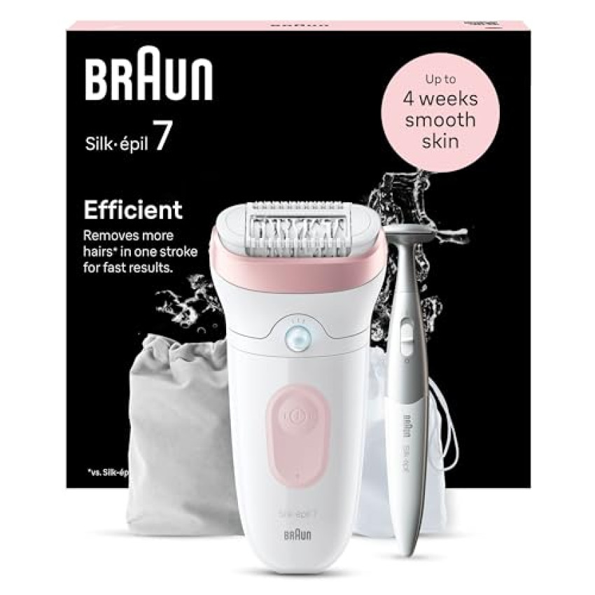 Braun Silk-épil 7 Epilatore Elettrico Donna Con Testina Ampia Per Una Epilazione Semplice, Wet & Dry, Pelle Liscia a Lungo, Con Rifinitore Bikini Styler, Idea Regalo, 7-210, Bianco/Rosa