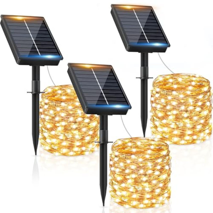 Luci Solari Esterno3 Pacchi12+2M 120LED Luci Solari da Giardino IP65 Impermeabili Bianco Caldo 8 Modalità, Catena Luci Solari Esterno Decorative Giardino Albero Patio Terrazze Festival Matrimoni
