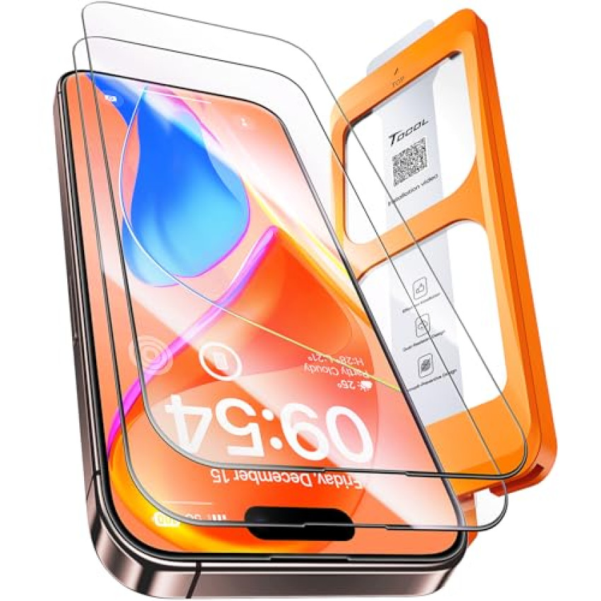 TOCOL 2 Pezzi Pellicola Protettiva per iPhone 15 Pro 6,1 Pollici, Rimozione Automatica Della Polvere, Installazione Rapida, Copertura Completa, Senza Bolle, Durezza 9H Vetro