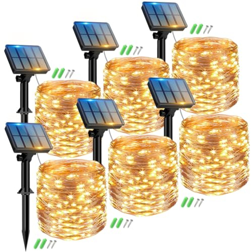 Peasur 6 Pezzi Catena Luminosa Esterno Solare, 6 x 12M 120LED Luci Solari Esterno, Impermeabile Lucine Esterno Energia Solare Filo di Rame Luce Decor Per Giardino Albero Natale – Bianco Caldo