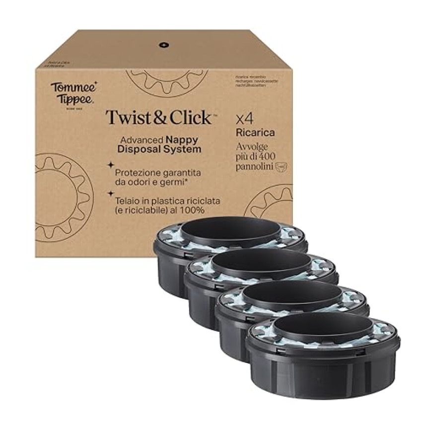 Tommee Tippee ricariche originali per Sistema Avanzato di Smaltimento Pannolini Twist and Click, confezione esclusiva da 4, per una ricarica facile e conveniente (la confezione può variare)
