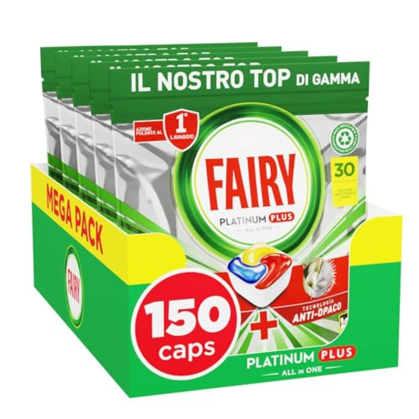 Fairy Platinum Plus Pastiglie Lavastoviglie, 150 Capsule, Limone, Detersivo Con Tecnologia Anti-Opaco, Contro Grasso e Incrostazioni Ostinate Anche nei Cicli Brevi