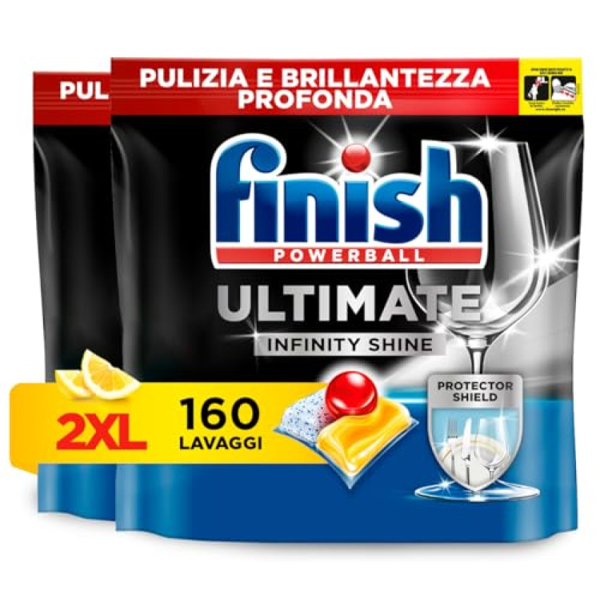 Finish Ultimate Infinity Shine Pastiglie Lavastoviglie, 80 Capsule Lavastoviglie al Limone, Pastiglie per Lavastoviglie contro lo Sporco e i Residui Incrostati (Confezione da 2)