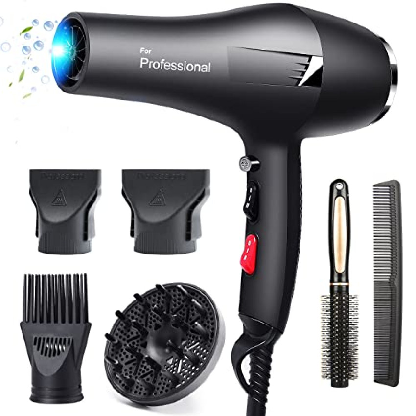 Faszin asciugacapelli professionale, ionico capelli senza crespo, motore AC grande flusso d’aria, asciugacapelli con diffusore e concentratore, 3 temperature, 2 velocità (Nero)