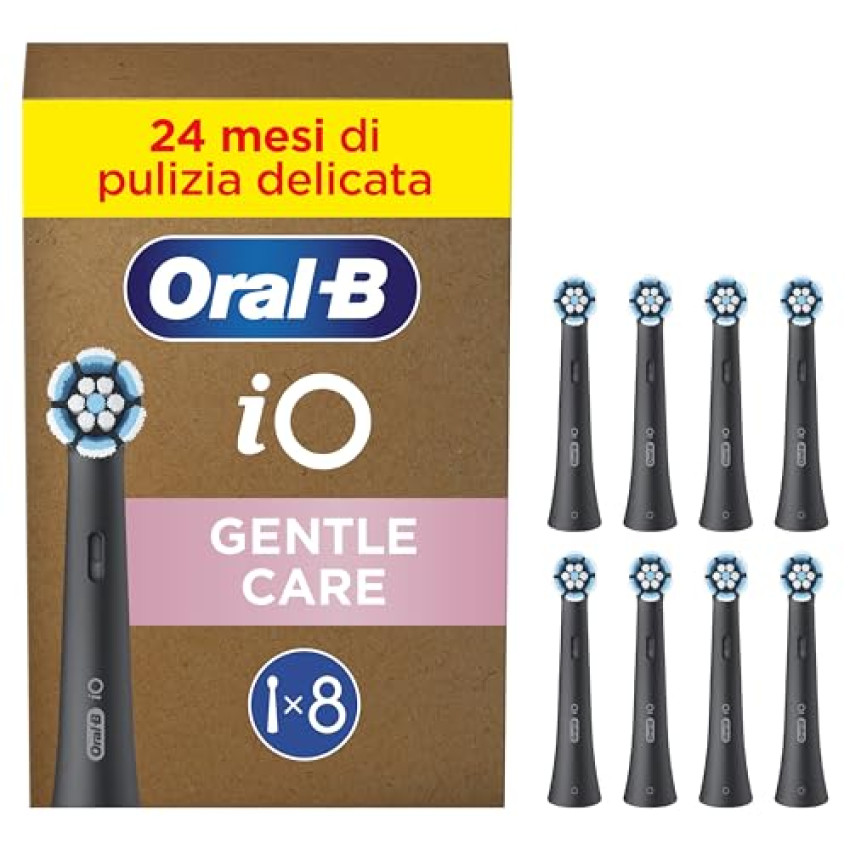 Oral-B Testine di Ricambio iO Gentle Care Nere, Testine Rotonde Originali per Gengive Sensibili, Setole angolate per rimuovere la placca, 8 Testine