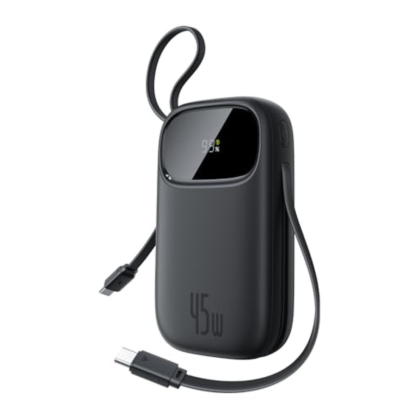 Baseus Powerbank 45W 20000mAh con 2 Cavi USB-C Integrati, Ricarica Rapida Power Bank PD3,0 QC4,0, 3 C 1 A, Caricatore Portatile per iPhone 16/15/14 Pro Max, iPad, Samsung, Nero