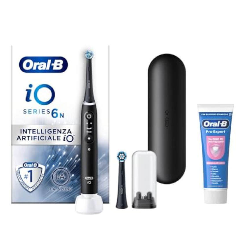 Oral-B Spazzolino Elettrico Ricaricabile iO 6N Nero, 1 Spazzolino Elettrico, 2 Testine Di Ricambio, Custodia Da Viaggio + 1 Dentifricio Oral-B Pro Expert Sensibilità, Pulizia Denti Efficace